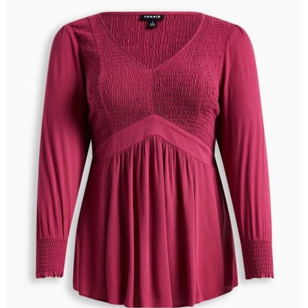 Torrid Babydoll Crinkled Gauze Smocked Top Burgundy
